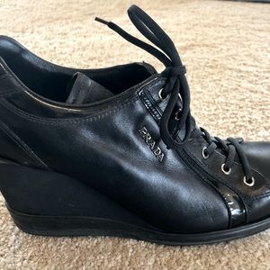 Prada black wedge leather sneakers